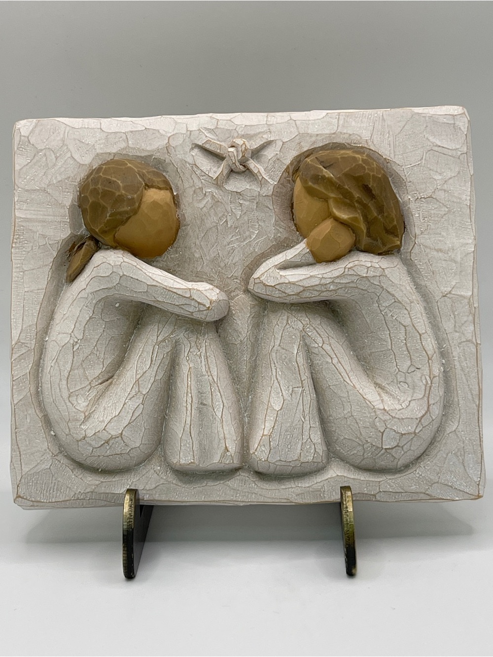Willow Tree Friendship Plaque White and Tan Seated Figures with Stand